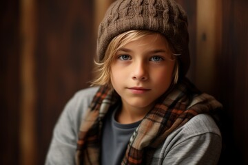 Portrait of a cute little boy in a warm hat and scarf.