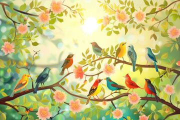Flock of birds are singing happily on the branches of a tree with spring flower blossoms