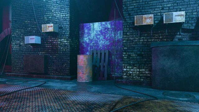 Long wall in the alley. Driving along an old street with brick and concrete walls, garbage cans, wires, rusty barrels, neon lights. 4k horizontal footage. 3d render, modern design in stock video.
