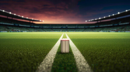 A close-up shot of a 3D-rendered cricket pitch, with a focus on the well-textured wickets standing tall under the vibrant stadium lights. - obrazy, fototapety, plakaty