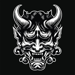Dark Art Scary Japanese Oni Mask Black and White Illustration