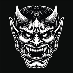 Fototapeta premium Dark Art Scary Japanese Oni Mask Black and White Illustration