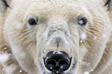 Close-up of a polar bear's face with snowflakes on its fur