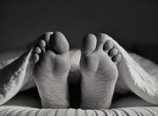 Fototapeta premium Feet of man in bed