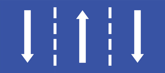 Set highway blue traffic sign three line road straight middle two opposite direction white arrow. Mandatory information route coution symbol collection for web mobile isolated white background