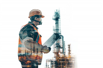 Half body, Double exposure of Engineer standing holding a blueprint with safety helmet with oil refinery industry plant background