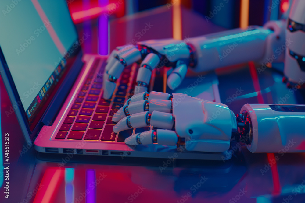 Poster close-up of robot hand typing on laptop future technology storage machine learning or automation