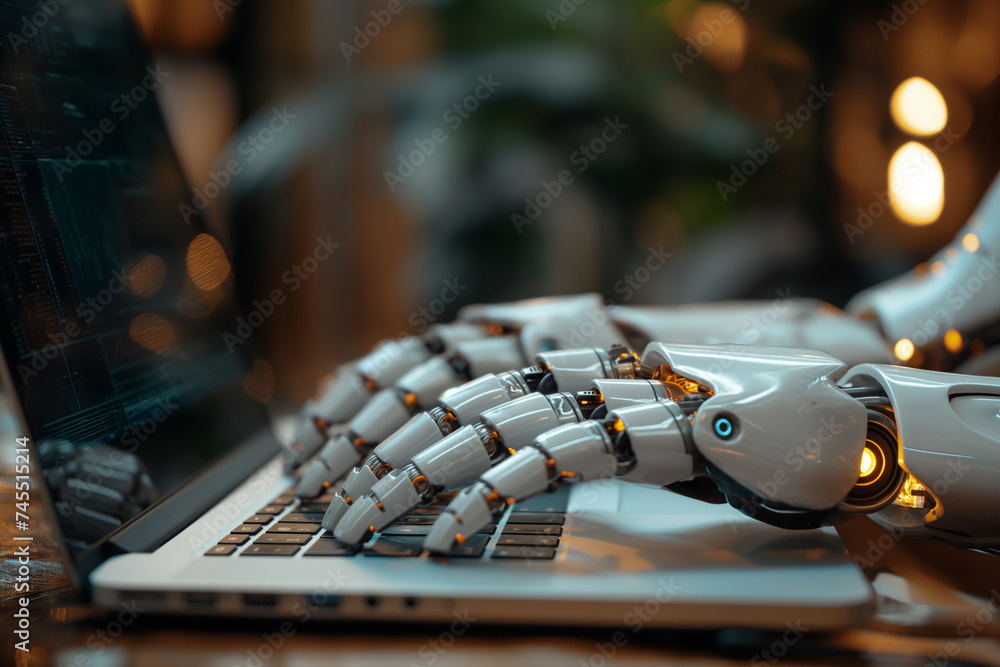 Aufkleber close-up of robot hand typing on laptop future technology storage machine learning or automation