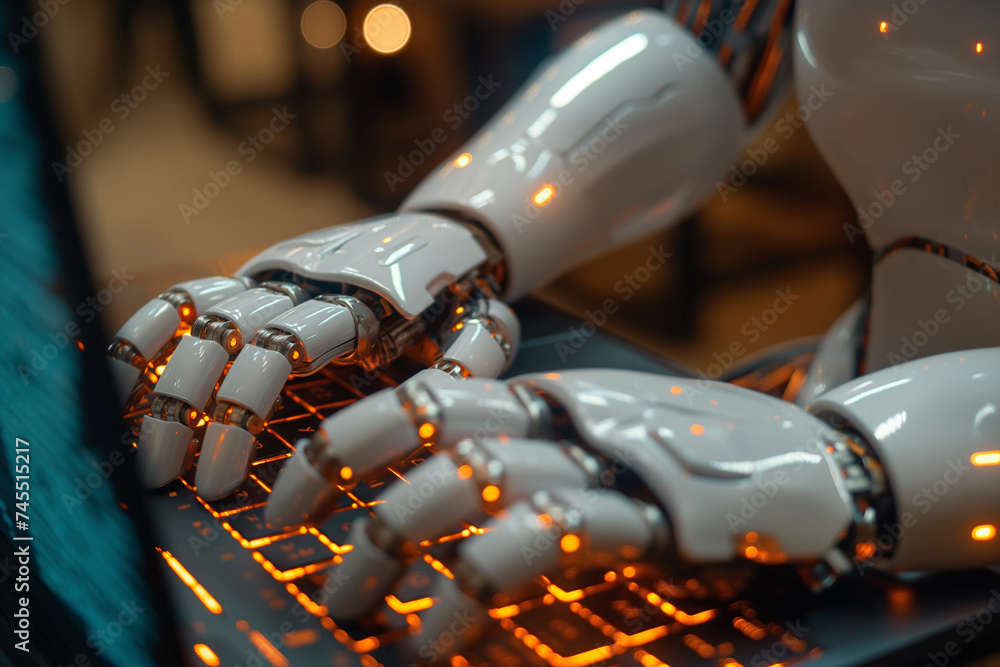 Poster close-up of robot hand typing on laptop future technology storage machine learning or automation