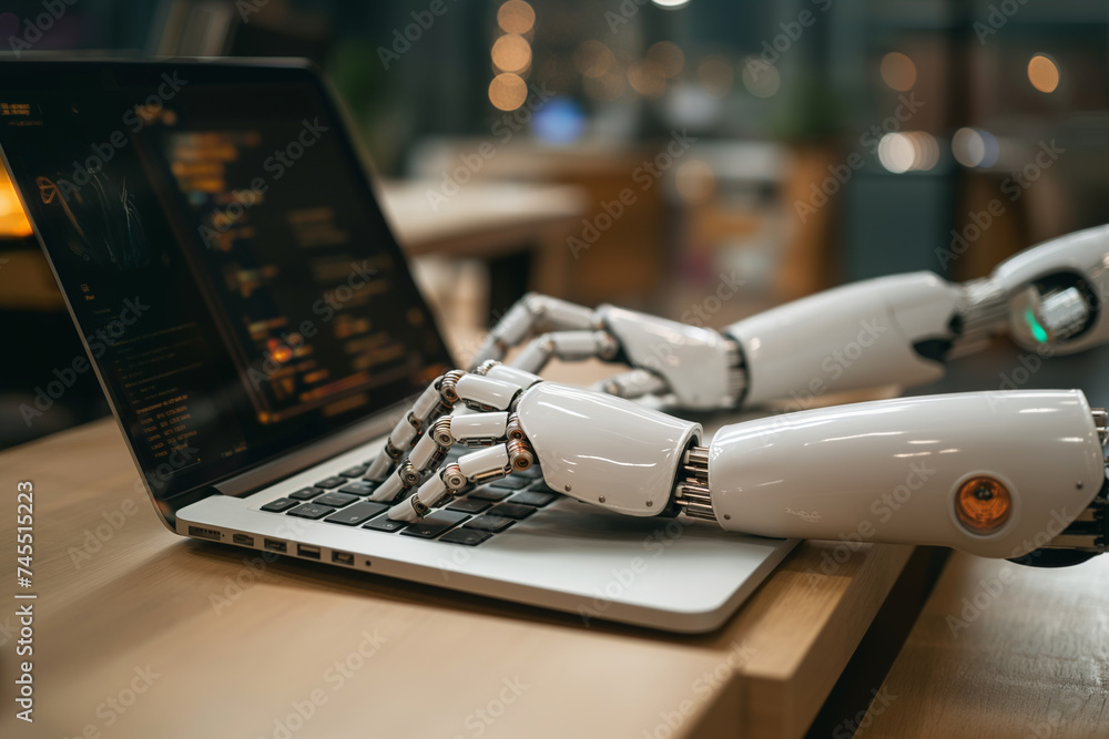 Poster close-up of robot hand typing on laptop future technology storage machine learning or automation