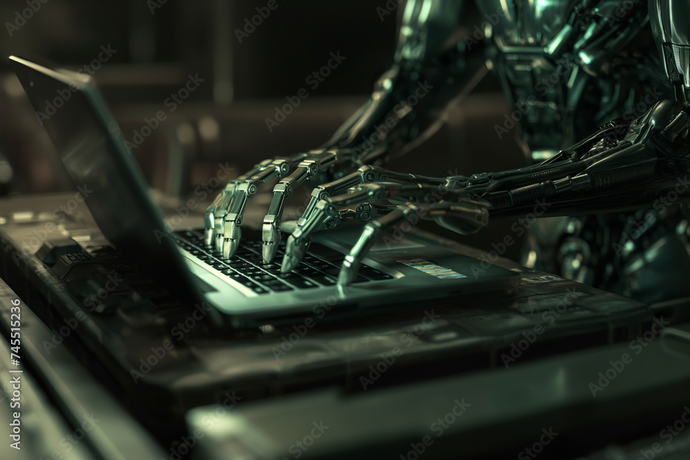 Aufkleber close-up of robot hand typing on laptop future technology storage machine learning or automation
