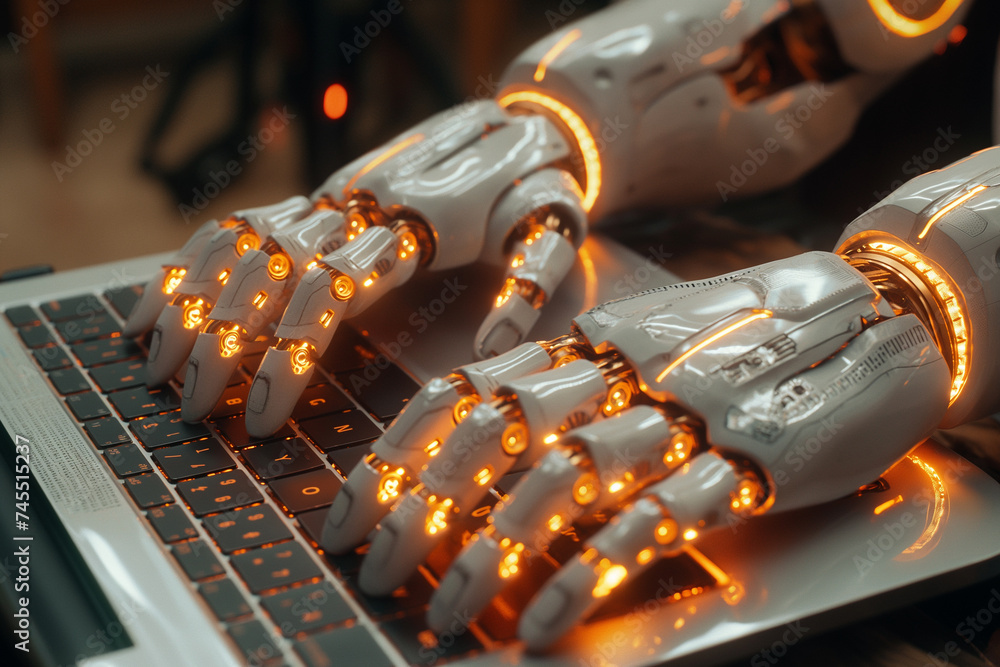 Poster close-up of robot hand typing on laptop future technology storage machine learning or automation