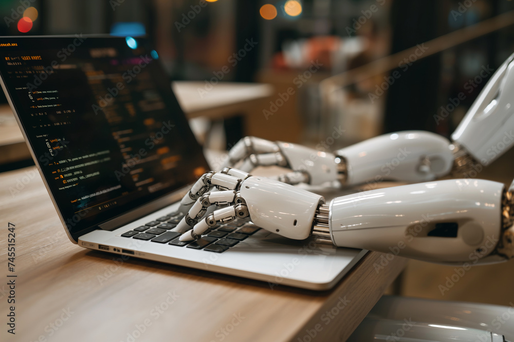 Poster close-up of robot hand typing on laptop future technology storage machine learning or automation