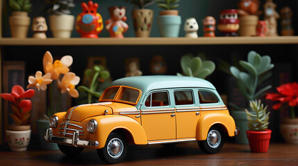 Miniature toy car on a shelf, a charming and nostalgic decorative item, evoking a sense of playfulness and adventure