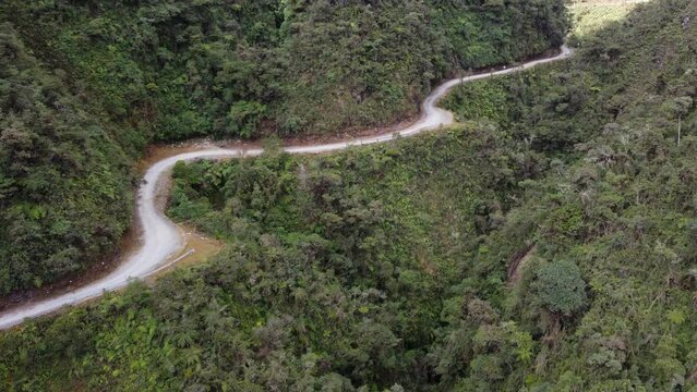 Low flight up steep narrow valley, Yungas Death Road, Bolivia mountain