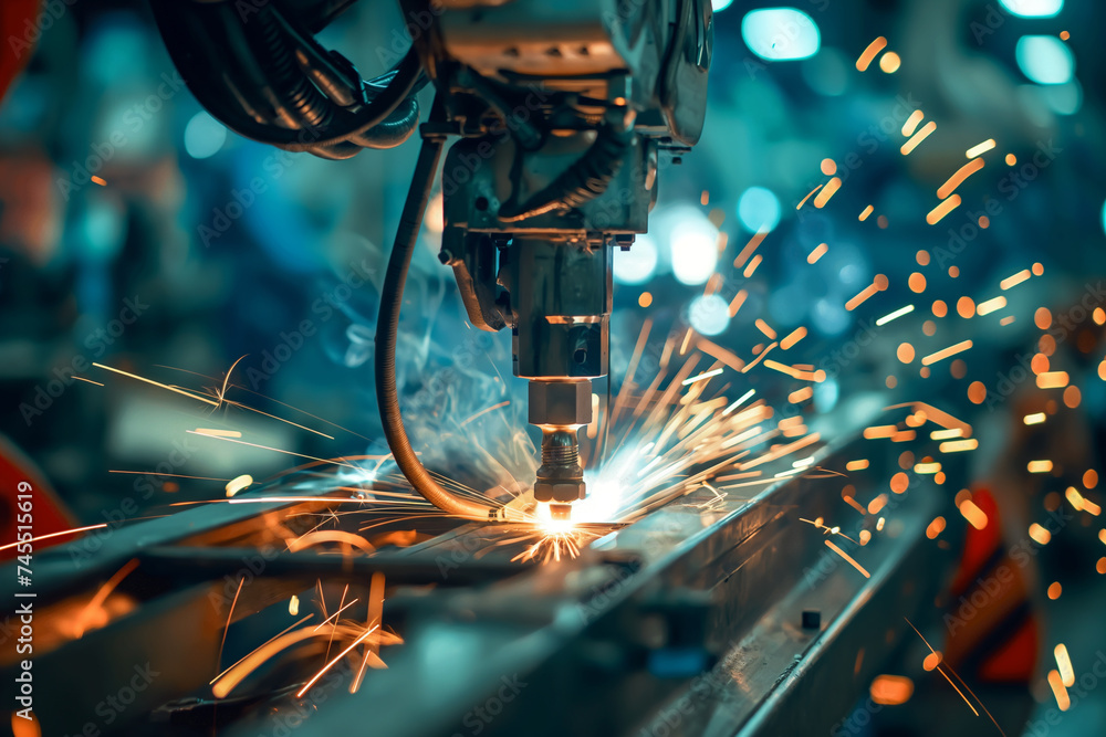Poster mechanical arms and robots are welding and assembling cars on the automobile production line.