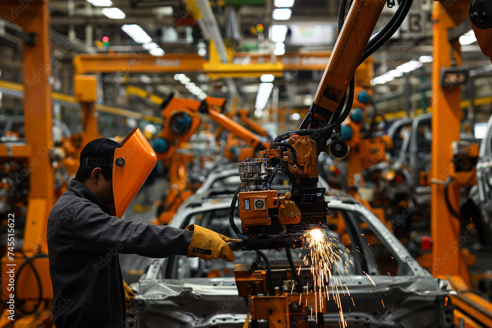 Poster mechanical arms and robots are welding and assembling cars on the automobile production line.