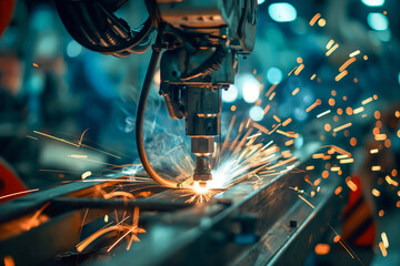 Mechanical arms and robots are welding and assembling cars on the automobile production line. - obrazy, fototapety, plakaty