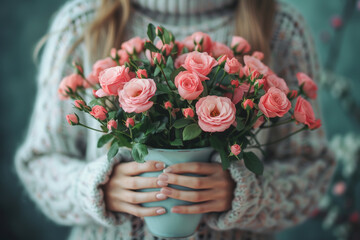 Hand holding bouquet of roses