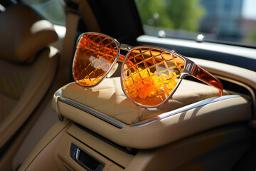 A practical disposable car air freshener and sunglasses on a car dashboard - obrazy, fototapety, plakaty