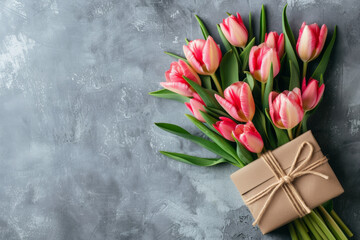 bouquet of tulips and gift box
