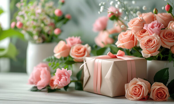 bouquet of roses and gifts 