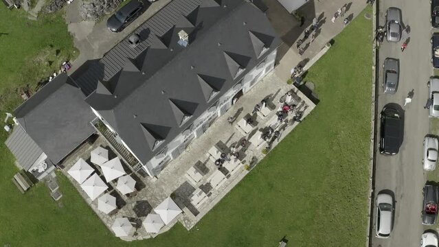 Auberge d'Ahusquy hotel, Soule in Basque Country, Aussurucq on Ahuski plateau. Aerial top-down orbiting