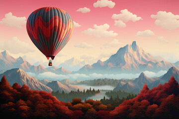 An artistic 3D mockup of a vintage travel poster featuring a hot air balloon soaring above a serene landscape. - obrazy, fototapety, plakaty