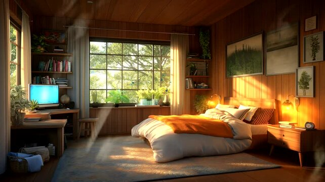 Bedroom in hotel at morning. Seamless looping time-lapse 4k video animation background