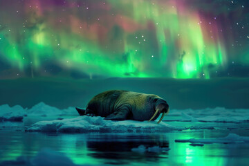A walrus rests on an ice floe under the Northern Lights - obrazy, fototapety, plakaty