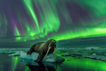 Lichtdoorlatende gordijnen Walrus A walrus rests on an ice floe under the Northern Lights