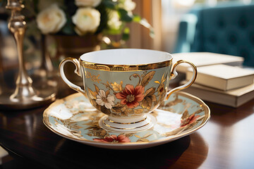 A charming disposable teacup with a floral pattern on a breakfast table - obrazy, fototapety, plakaty