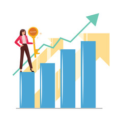 Woman standing on blue chart, holding a golden success key to financial and business growth.