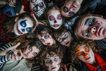 Selfie of group of people of different ages looking into camera, dressed in halloween costumes and make-up