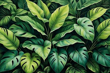 Close up of a painting of a plant with green leaves abstract background