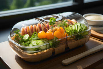 A cute and innovative disposable salad container with a built-in dressing compartment on a lunch table