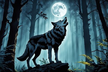 Darn grey wolf howling at full moon - obrazy, fototapety, plakaty