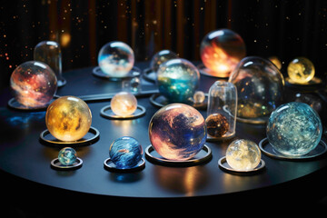 Fototapeta na wymiar A tableau of delicate glass orbs containing miniature galaxies, nebulae, and planets, arranged on a table under soft, cosmic lighting.