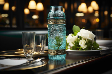 A premium glass bottle of sparkling water with bubbles on a bar counter - obrazy, fototapety, plakaty