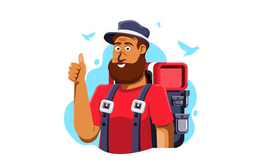 Good job thumbs up, Man backpack tourist on isolated background, Vector illustration.