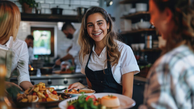 Smiling Female Chef Is Serving Dish To Restaurant Customers