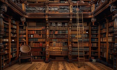 Classic dark wood shelves laden with countless books - obrazy, fototapety, plakaty