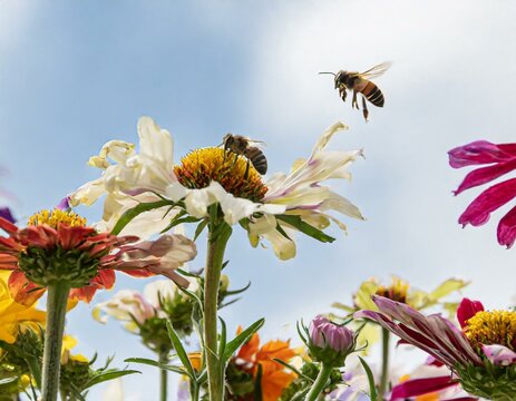 Depict bees buzzing around a colorful flower garden, collecting nectar