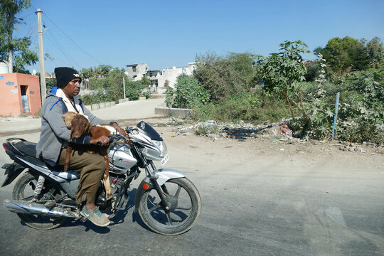 CHITTORGARH, INDIA - JAN 10, 2020 - Motorcycles in traffic on roads near  Chittorgarh in Rajasthan, India