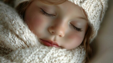 A peaceful child sleeps soundly, wrapped in the warmth of a cozy, knitted scarf, with delicate eyelashes casting shadows on rosy cheeks.