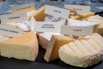 Tasting plate with small pieces of different French cheeses with name labels