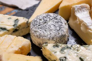 Tasting plate with small pieces of different French cheeses, variety of cheeses