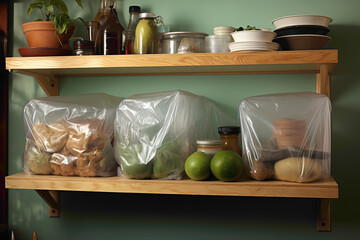 A roll of disposable garbage bags on a utility room shelf - obrazy, fototapety, plakaty