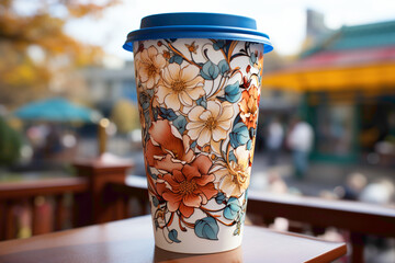 A charming and attractive disposable tea cup with a floral print, filled with a hot beverage - obrazy, fototapety, plakaty