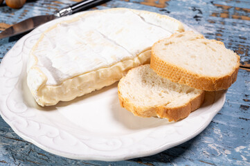 French soft Camembert cheese, original Camembert de Normandie, close up with white mold